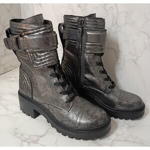 DKNY Basia Buckled Quilted Gun Metal Leather Combat Boots - Size 6.5 - NEW